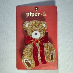 Piper K Tortoiseshell-like Pattern Brown Teddy Bear With Red Bow Hair Claw Clip